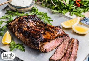 Butterflied lamb leg served with a rocket and cucumber salad