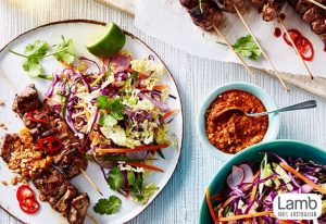 Satay lamb skewers with asian slaw