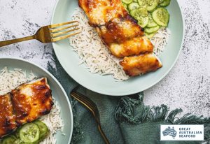 Barramundi with maple miso glaze and cucumber salad