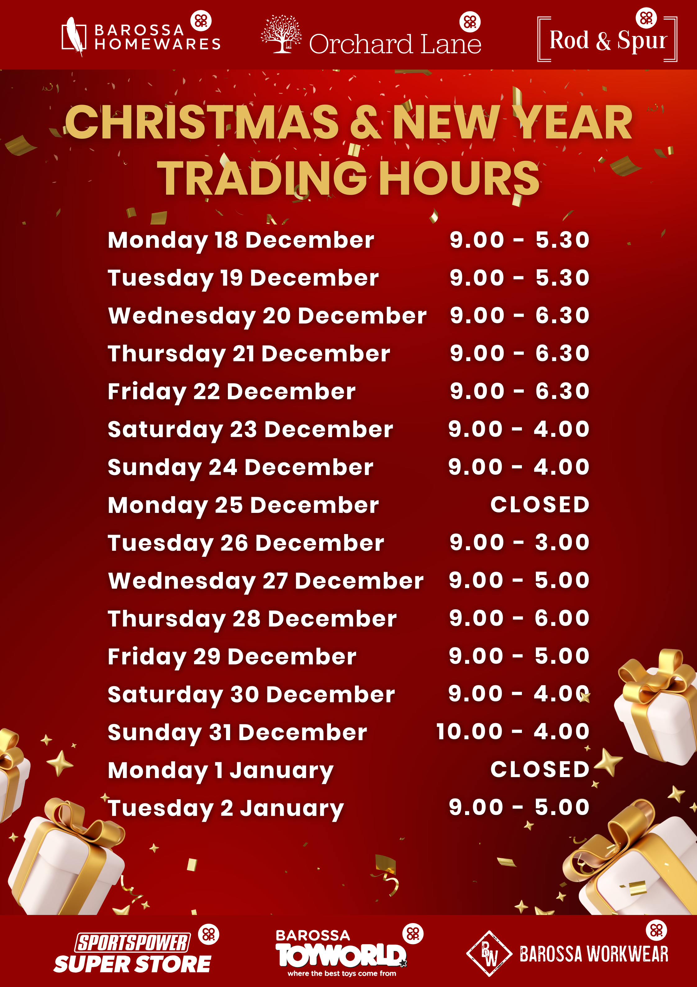 Christmas Trading Hours 2023 The Barossa Coop